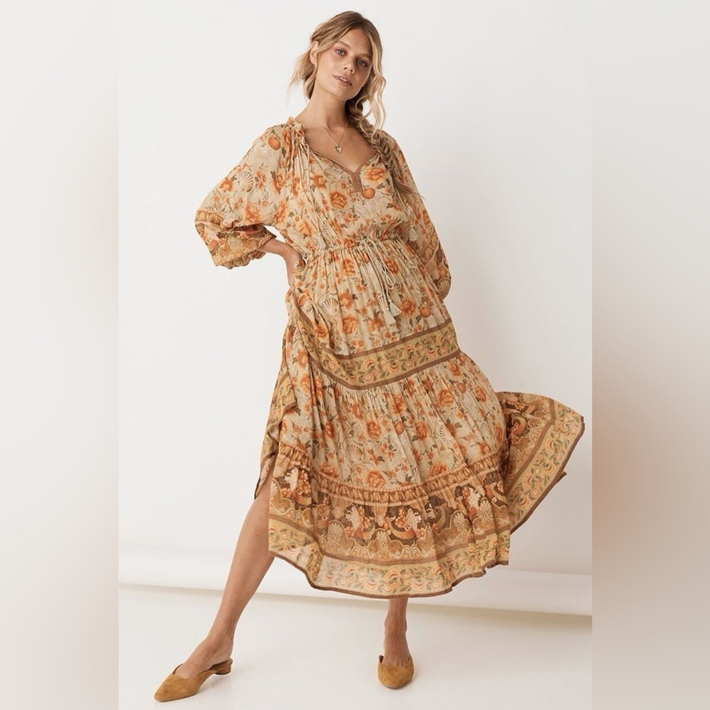 Spell & The Gypsy Collective Sand Seashell Gown Floral Long Sleeve Dress EUC XXS